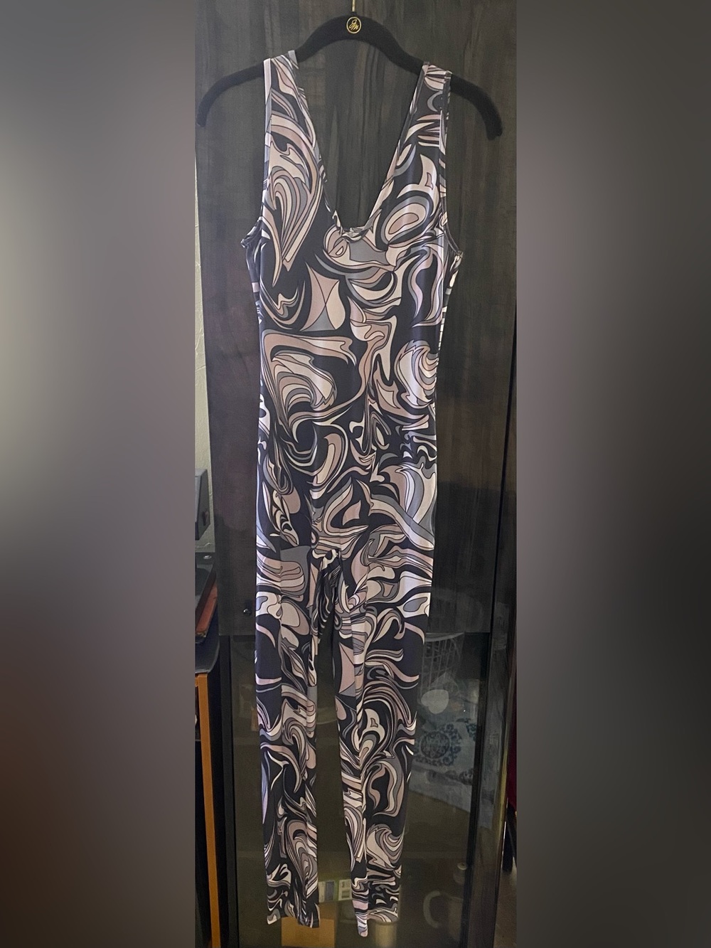 Sleeveless Marble Print Jumpsuit in Grey, Pink & White
Sz. Large